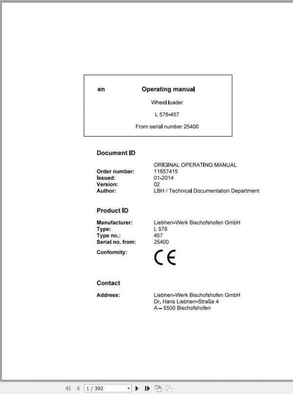 Liebherr Wheel Loader L576 457 SN 25400 Operators Manual 1