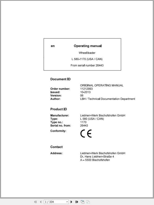 Liebherr Wheel Loader L580 1170USA CAN SN 26443 Operators Manual 1