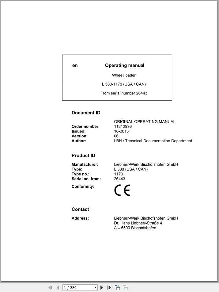 Liebherr Wheel Loader L580 1170USA CAN SN 26443 Operators Manual 1