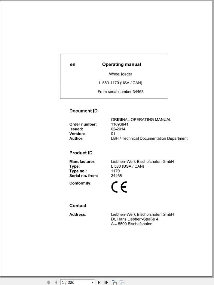 Liebherr Wheel Loader L580 1170USA CAN SN 34468 Operators Manual 1