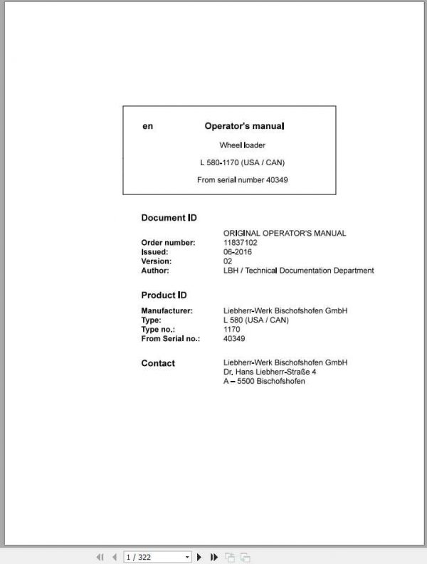 Liebherr Wheel Loader L580 1170USA CAN SN 40349 Operators Manual 1