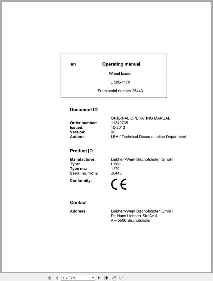 Liebherr Wheel Loader L580 1170 SN 26443 Operators Manual 1