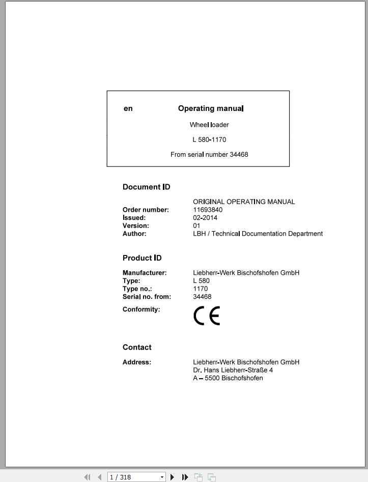 Liebherr Wheel Loader L580 1170 SN 34468 Operators Manual 1