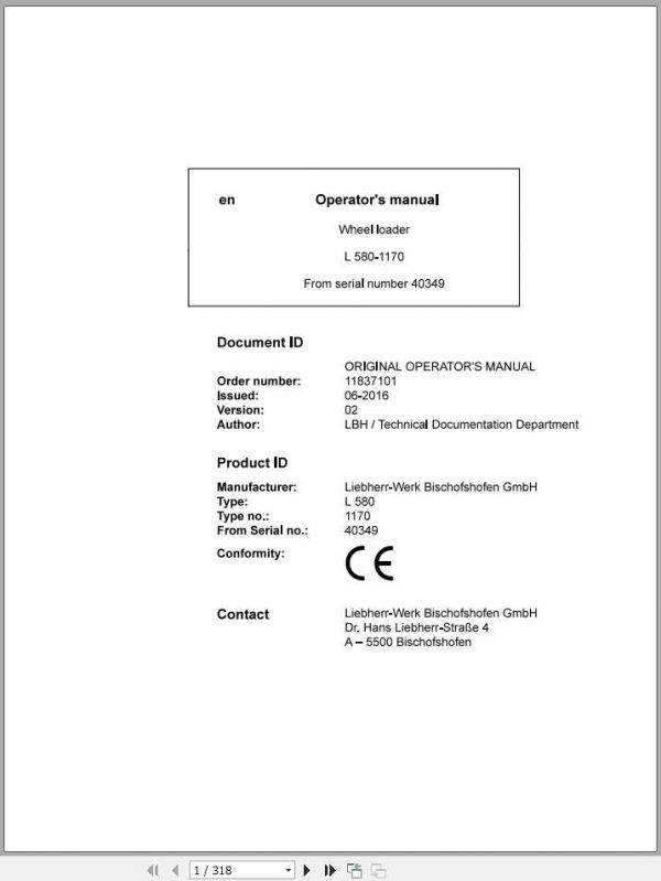 Liebherr Wheel Loader L580 1170 SN 40349 Operators Manual 1