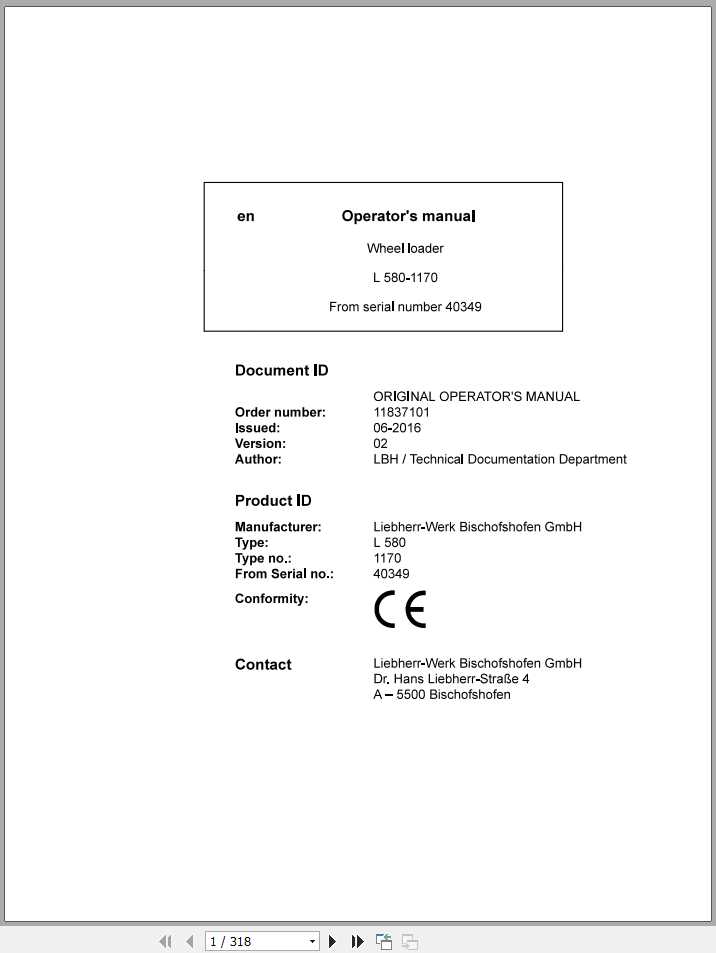 Liebherr Wheel Loader L580 1170 SN 40349 Operators Manual 1