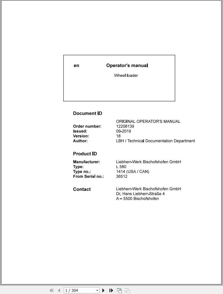 Liebherr Wheel Loader L580 1414USA CAN SN 36512 Operators Manual 1