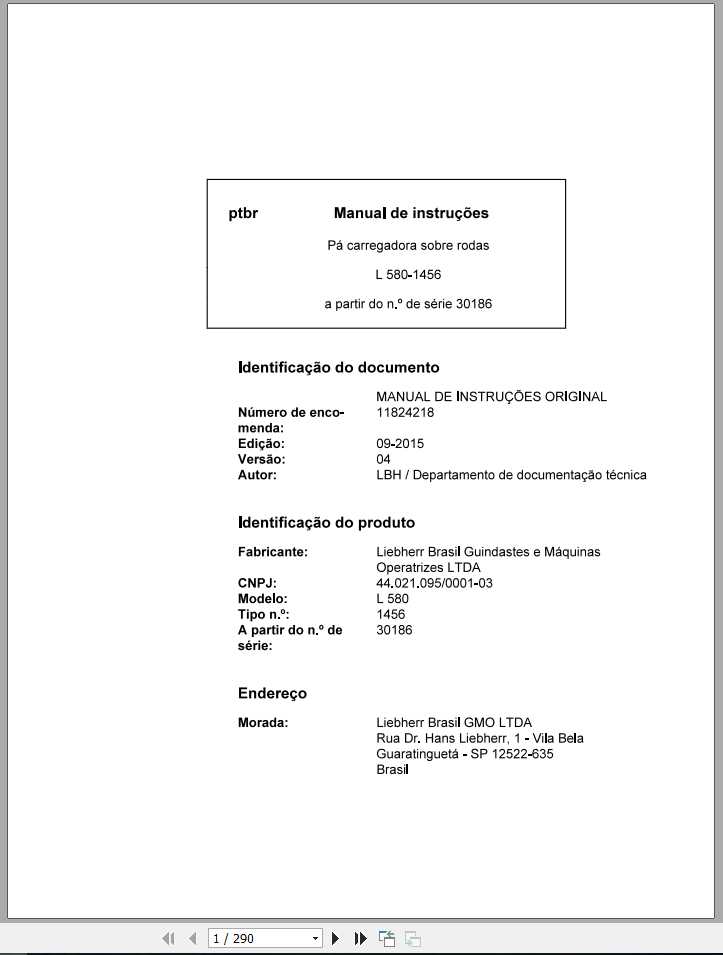 Liebherr Wheel Loader L580 1456 SN 30186 Operators ManualPT BR 1