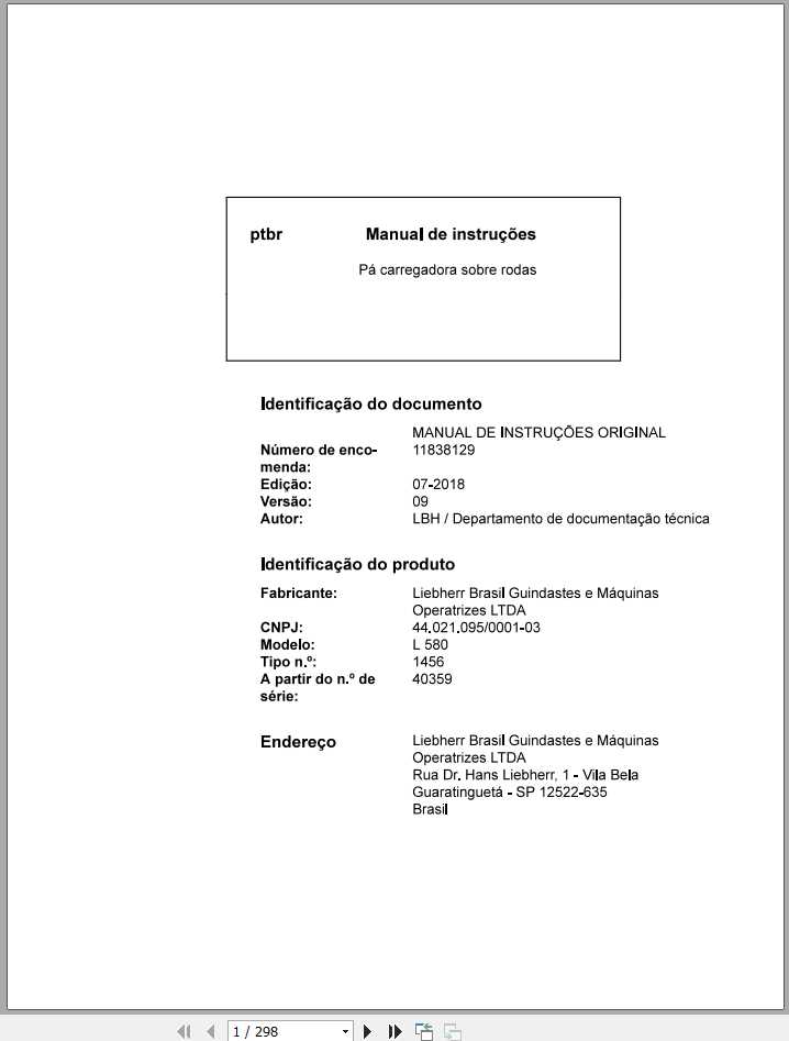 Liebherr Wheel Loader L580 1456 SN 40359 Operators ManualPT BR 1
