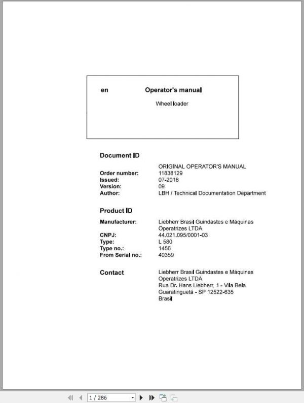 Liebherr Wheel Loader L580 1456 SN 40359 Operators Manual 1