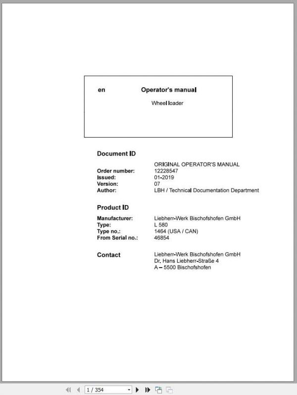Liebherr Wheel Loader L580 1464USA CAN SN 46854 Operators Manual 1