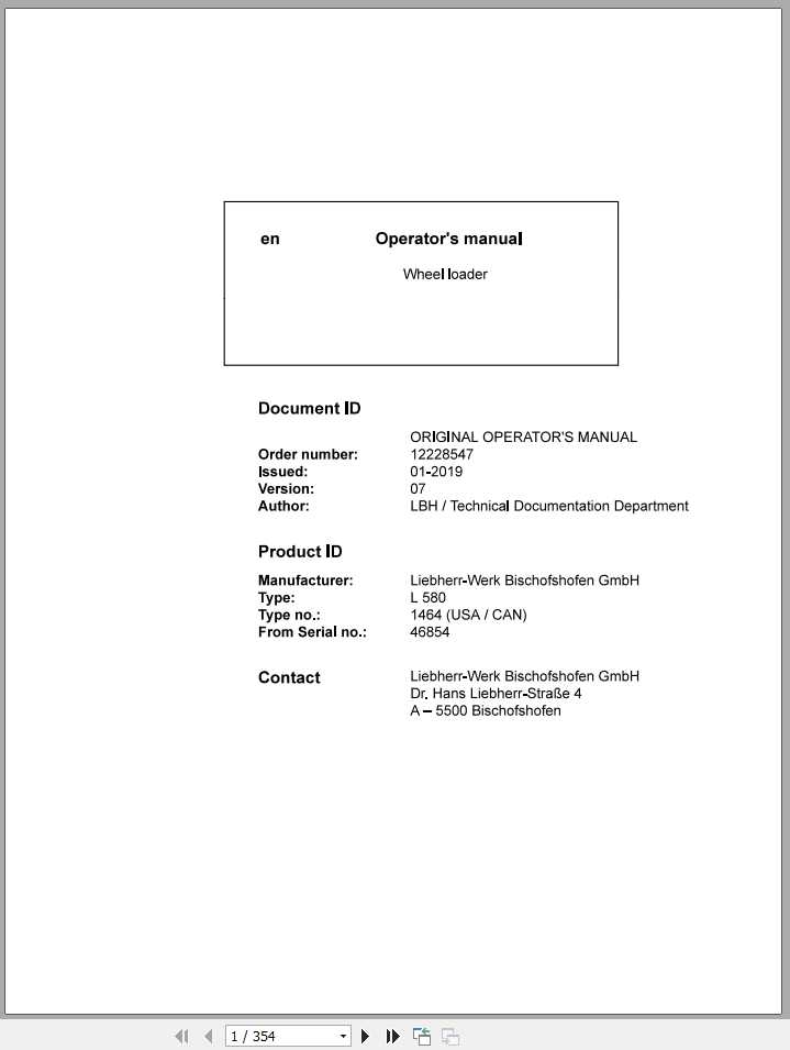 Liebherr Wheel Loader L580 1464USA CAN SN 46854 Operators Manual 1