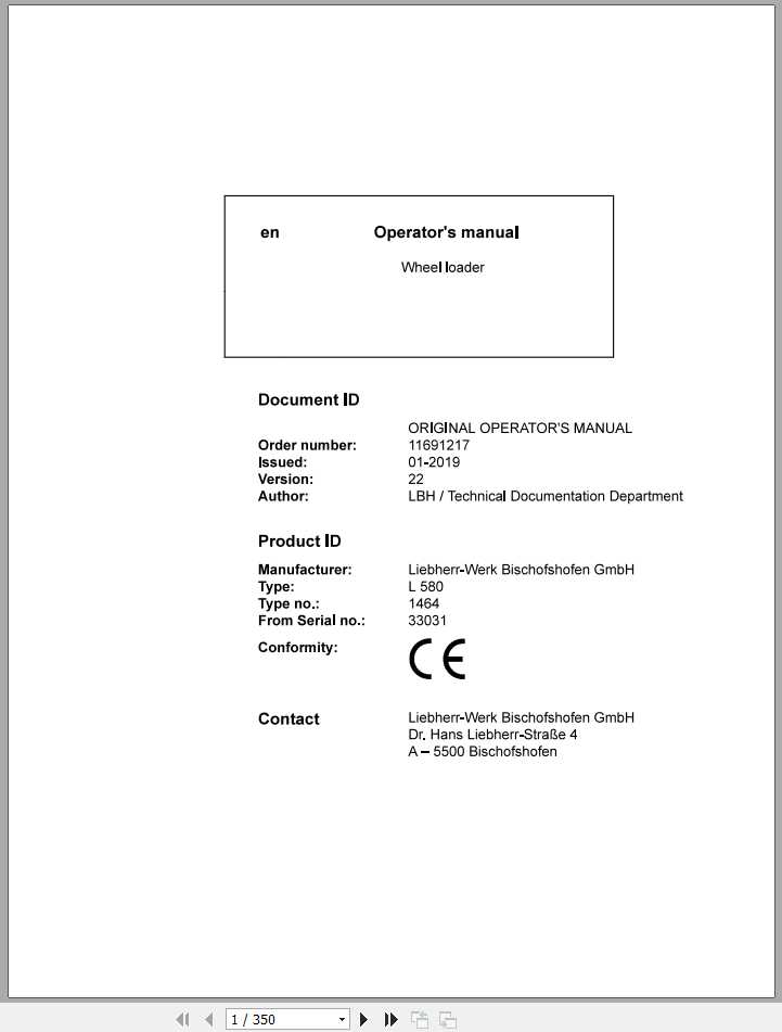 Liebherr Wheel Loader L580 1464 SN 33031 Operators Manual 1