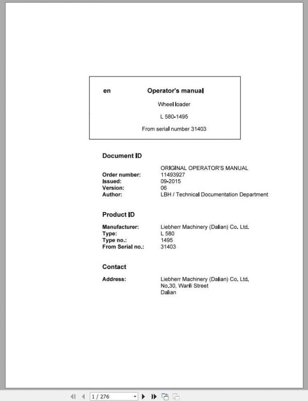 Liebherr Wheel Loader L580 1495 SN 31403 Operators Manual 1