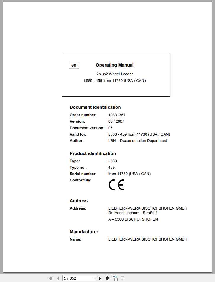 Liebherr Wheel Loader L580 459USA CAN 2plus2 SN 11780 Operators Manual 1