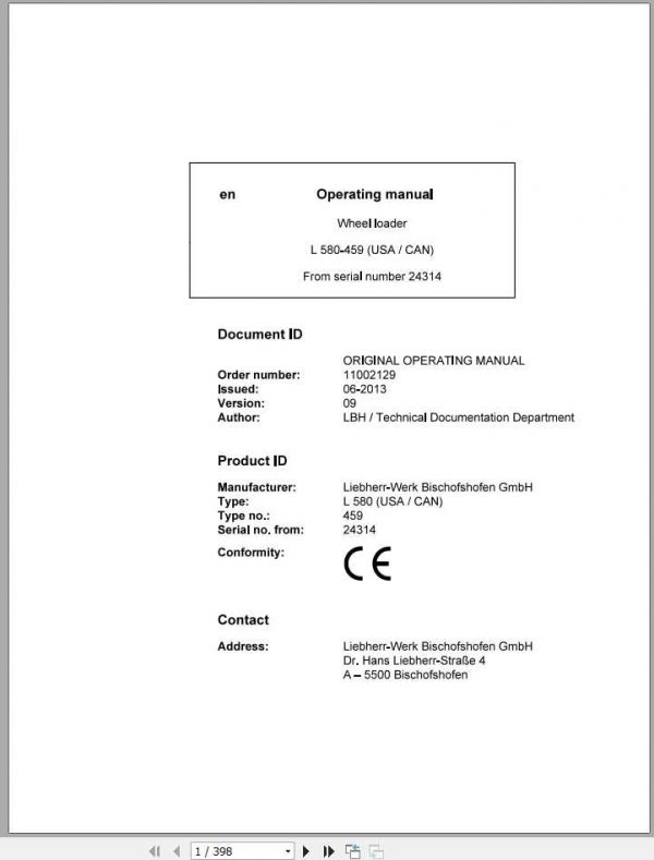 Liebherr Wheel Loader L580 459USA CAN SN 24314 Operators Manual 1