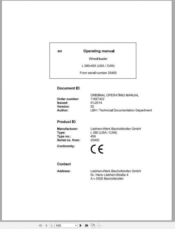 Liebherr Wheel Loader L580 459USA CAN SN 25400 Operators Manual 1