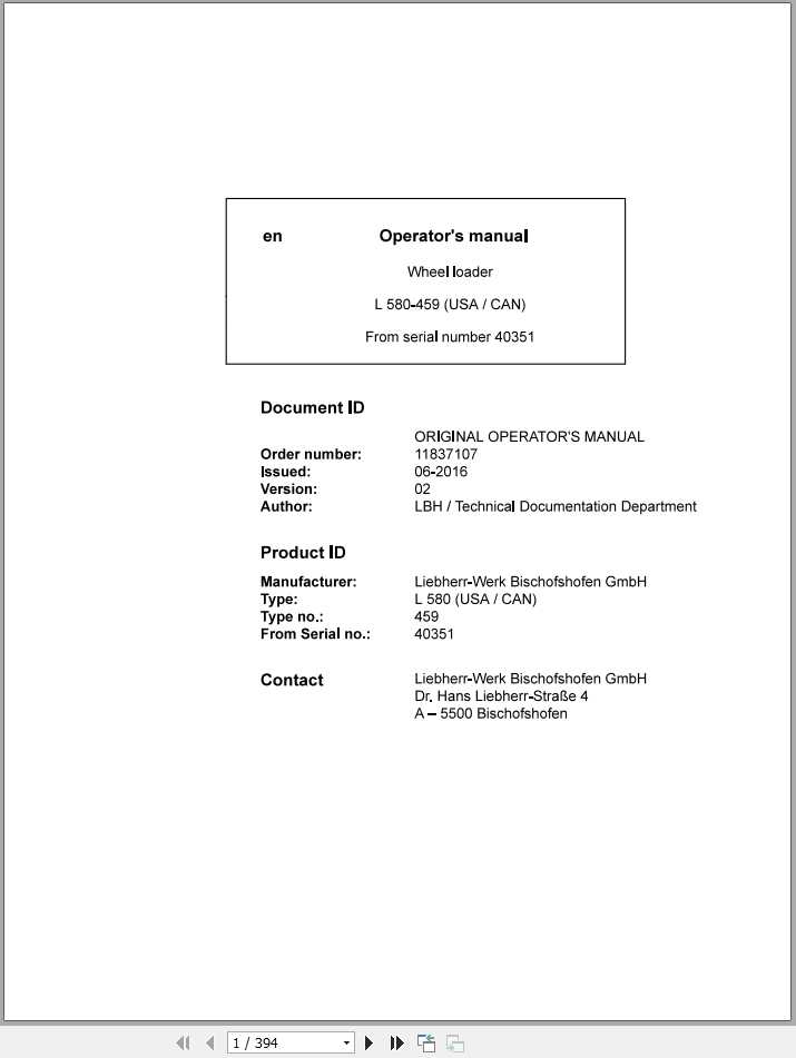 Liebherr Wheel Loader L580 459USA CAN SN 40351 Operators Manual 1