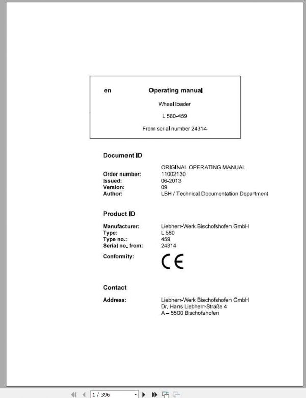 Liebherr Wheel Loader L580 459 SN 24314 Operators Manual 1