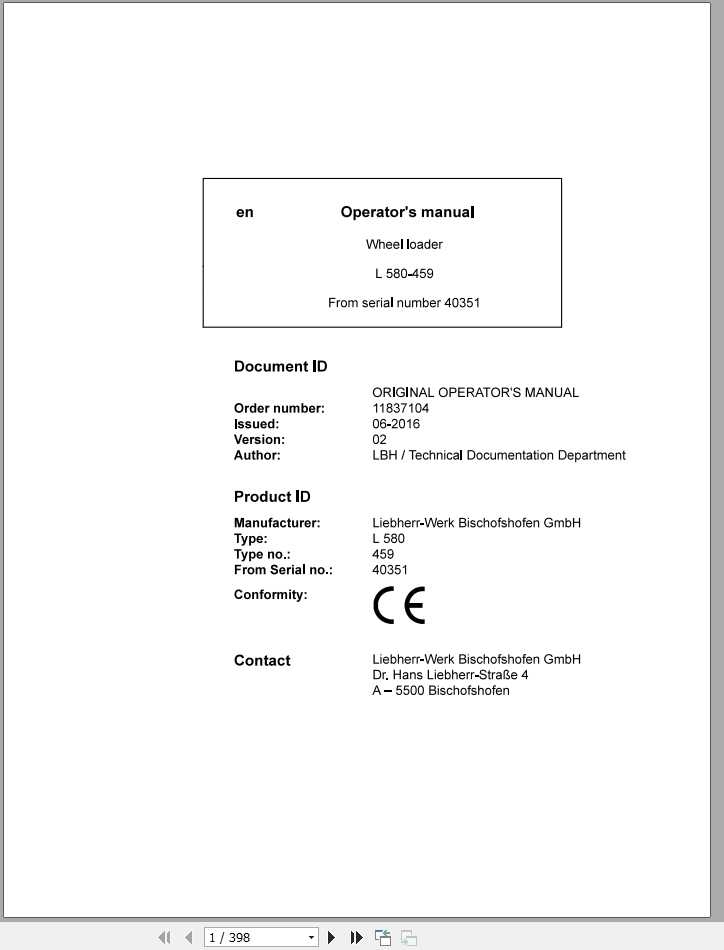 Liebherr Wheel Loader L580 459 SN 40351 Operators Manual 1