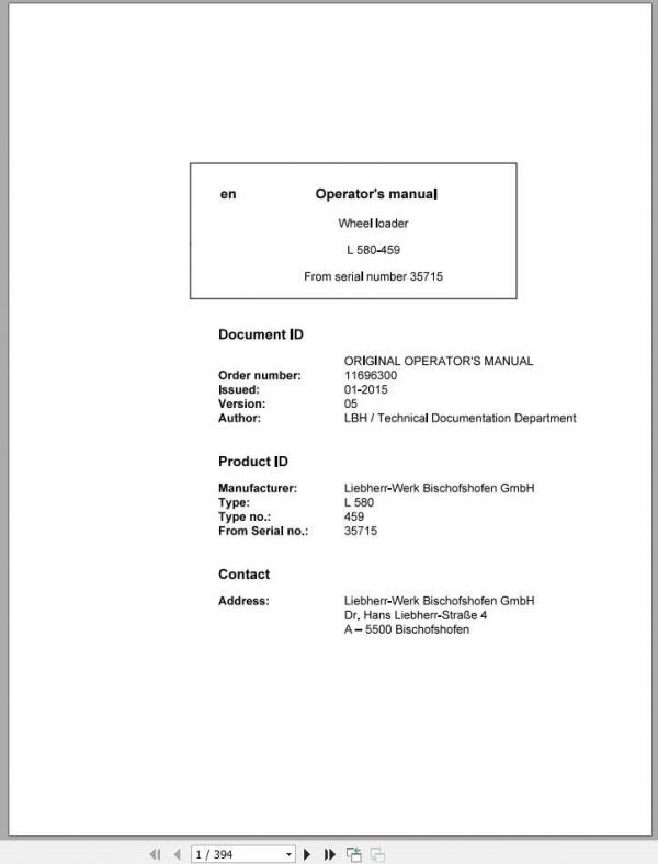 Liebherr Wheel Loader L580 459ohneCE SN 35715 Operators Manual 1