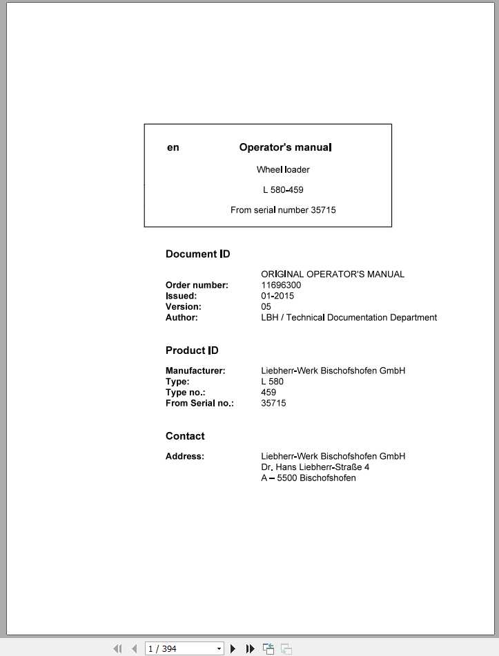 Liebherr Wheel Loader L580 459ohneCE SN 35715 Operators Manual 1