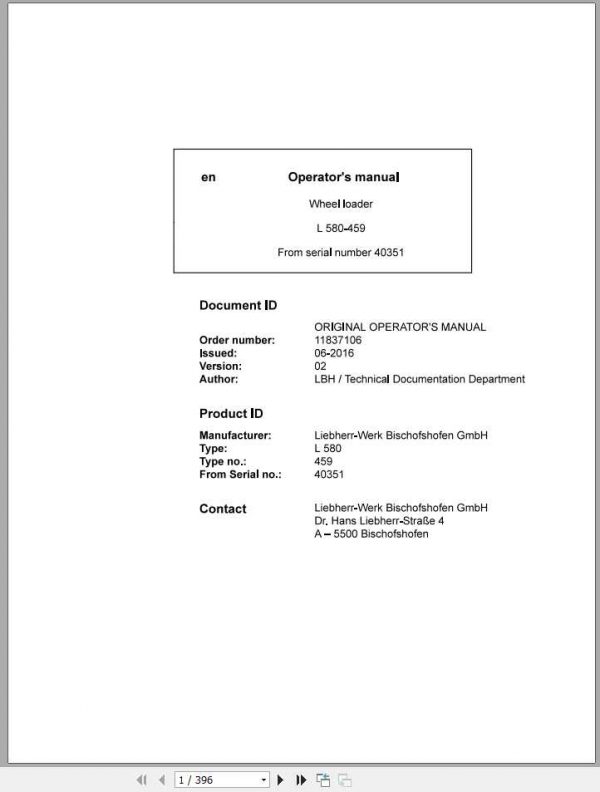 Liebherr Wheel Loader L580 459ohneCE SN 40351 Operators Manual 1