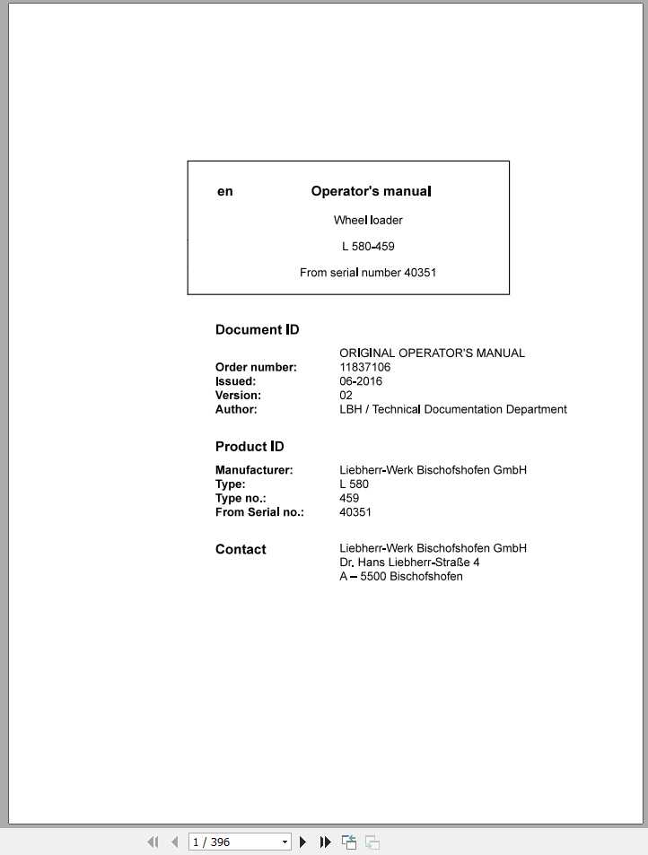 Liebherr Wheel Loader L580 459ohneCE SN 40351 Operators Manual 1