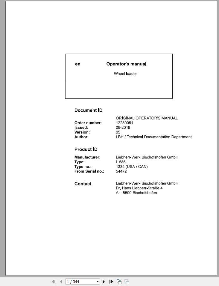 Liebherr Wheel Loader L586 1334USA CAN SN 54472 Operators Manual 1