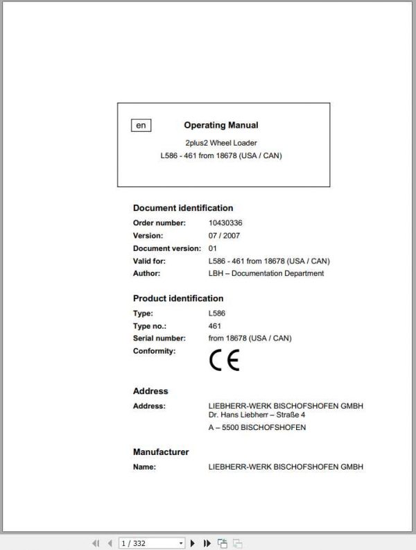 Liebherr Wheel Loader L586 461USA CAN2plus2 SN 18678 Operators Manual 1