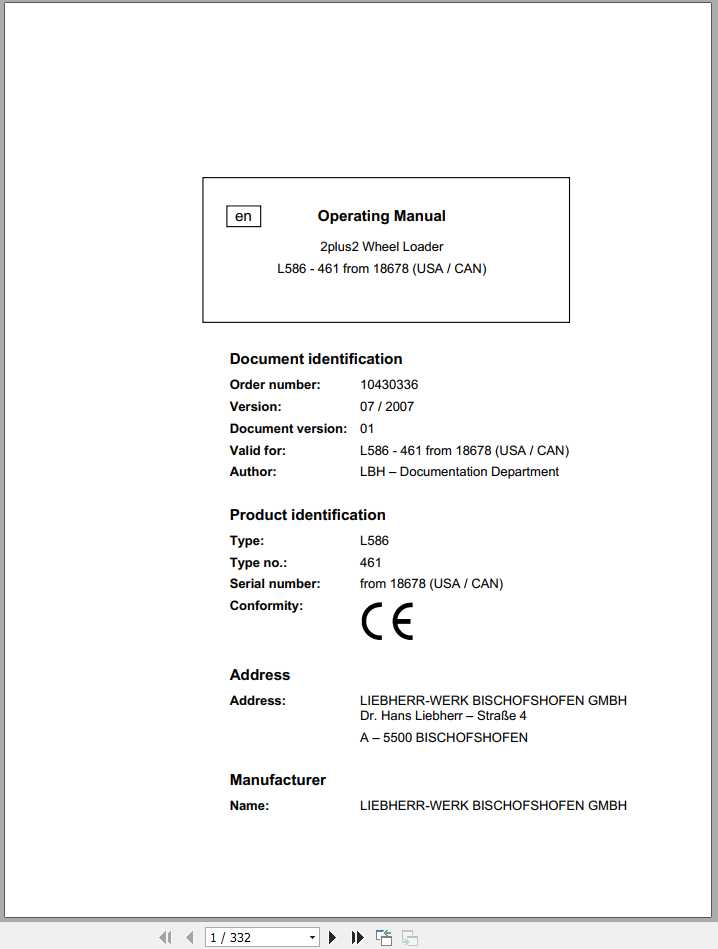 Liebherr Wheel Loader L586 461USA CAN2plus2 SN 18678 Operators Manual 1