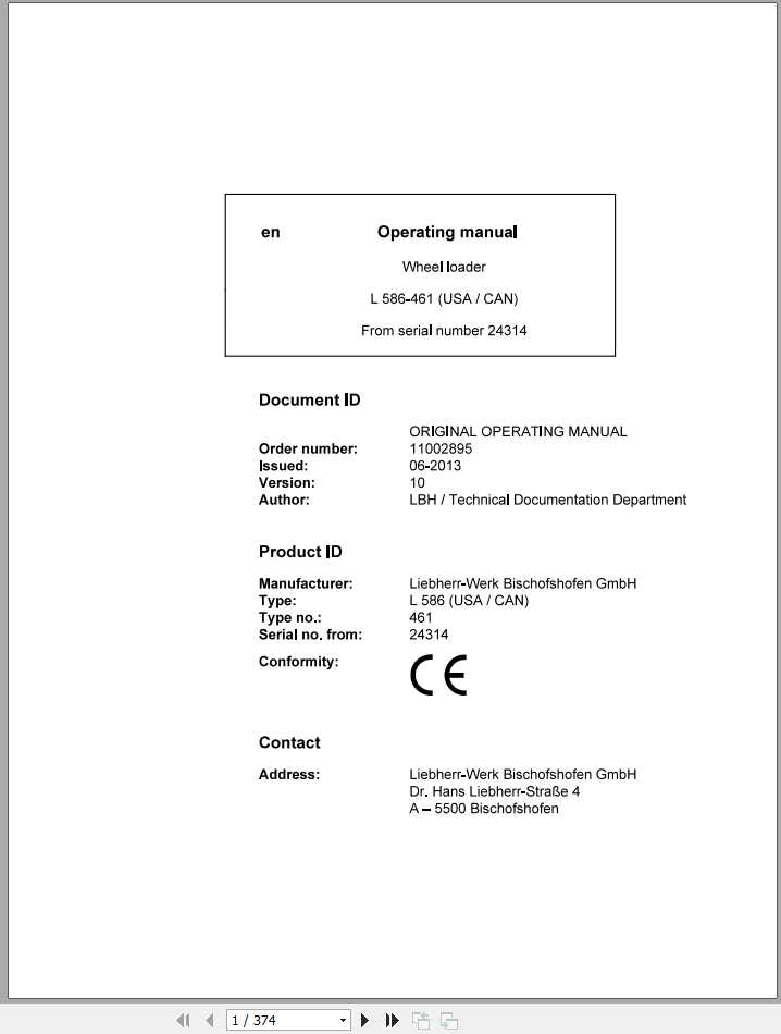Liebherr Wheel Loader L586 461USA CAN SN 24314 Operators Manual 1