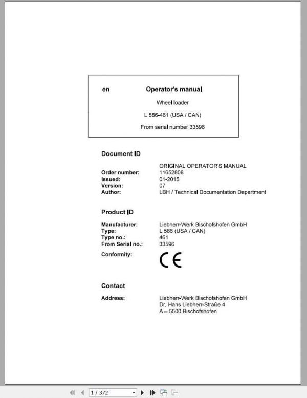 Liebherr Wheel Loader L586 461USA CAN SN 33596 Operators Manual 1