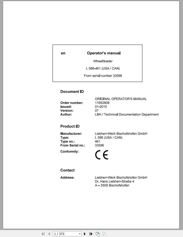 Liebherr Wheel Loader L586 461USA CAN SN 33596 Operators Manual 1