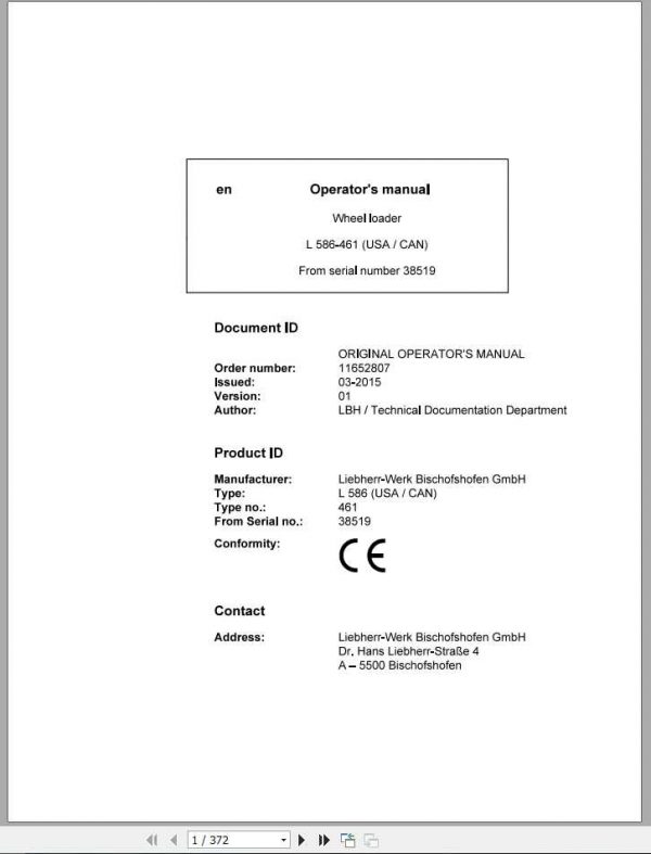 Liebherr Wheel Loader L586 461USA CAN SN 38519 Operators Manual 1