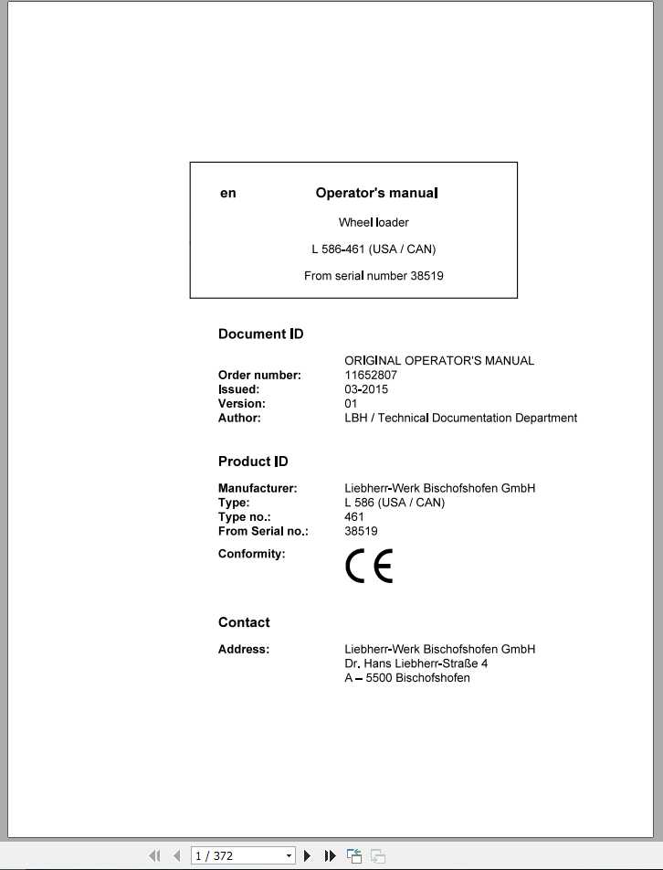 Liebherr Wheel Loader L586 461USA CAN SN 38519 Operators Manual 1