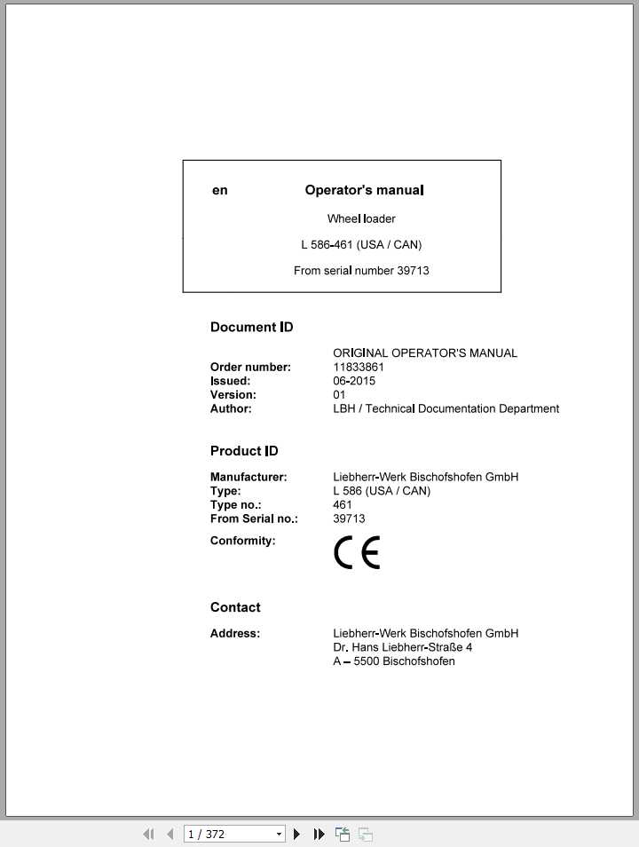 Liebherr Wheel Loader L586 461USA CAN SN 39713 Operators Manual 1