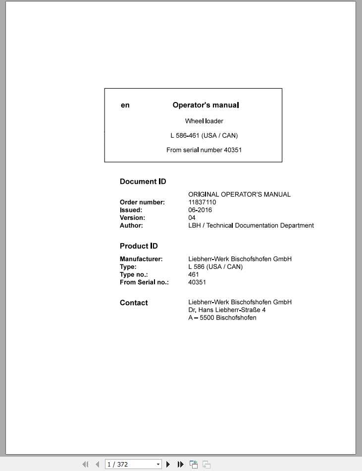 Liebherr Wheel Loader L586 461USA CAN SN 40351 Operators Manual 1