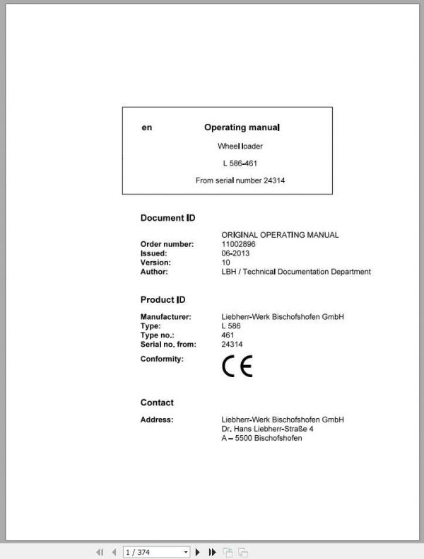 Liebherr Wheel Loader L586 461 SN 24314 Operators Manual 1