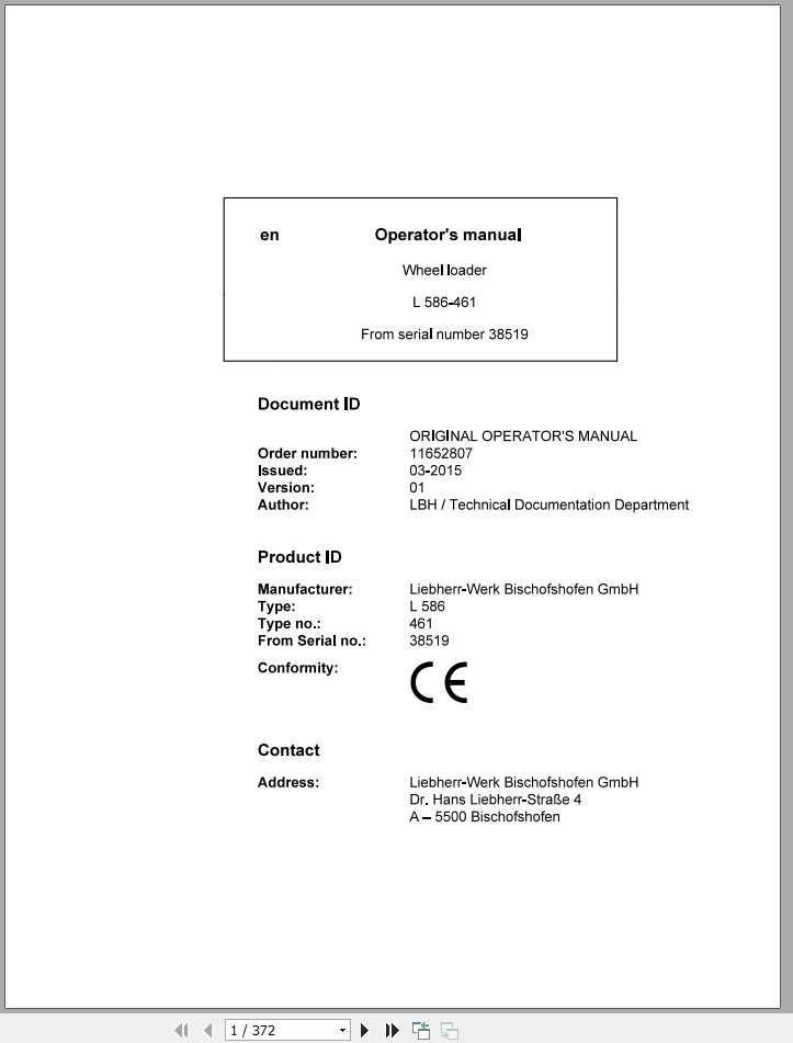 Liebherr Wheel Loader L586 461 SN 38519 Operators Manual 1