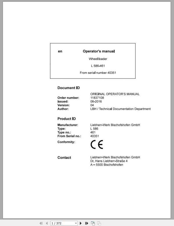Liebherr Wheel Loader L586 461 SN 40351 Operators Manual 1