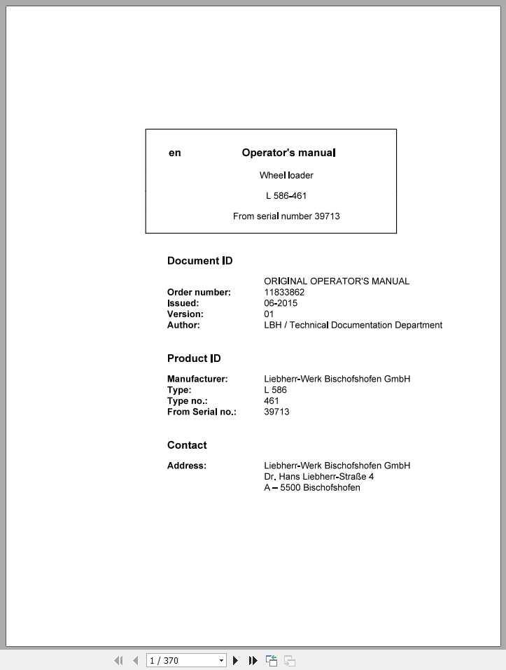 Liebherr Wheel Loader L586 461ohneCE SN 39713 Operators Manual 1
