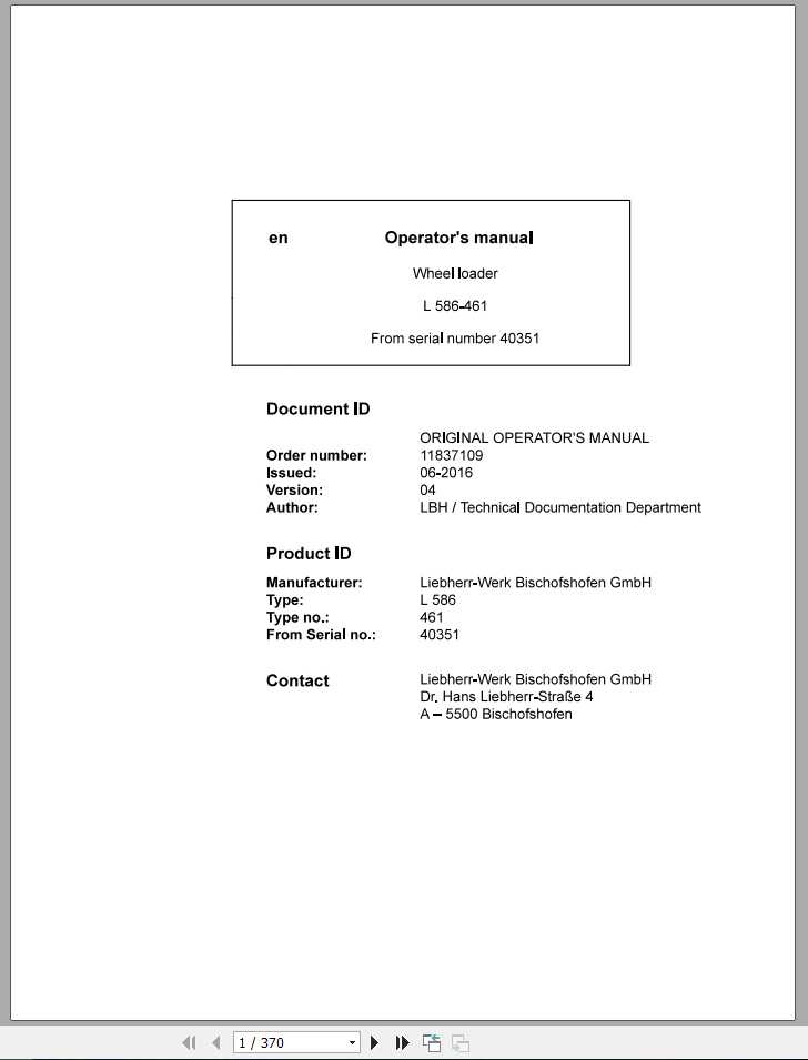 Liebherr Wheel Loader L586 461ohneCE SN 40351 Operators Manual 1