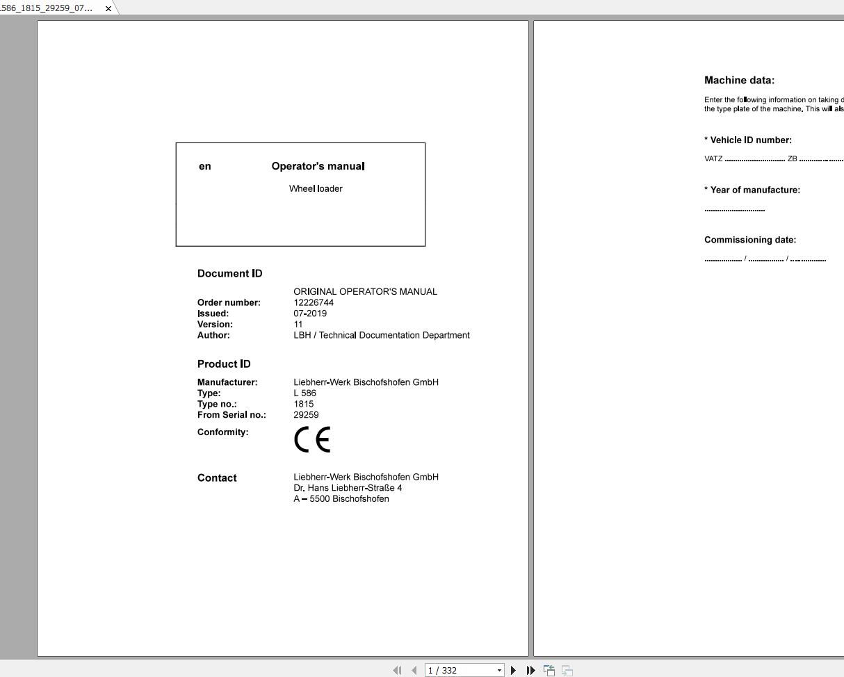Liebherr Wheel Loaders L5861815 SN 29259 Operators Manual 1