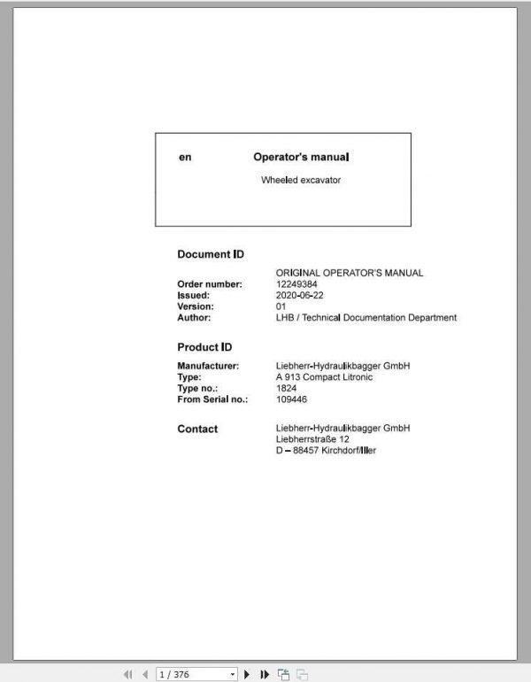 Liebherr Wheeled Excavator A913 Compact 109446 Operating Manual