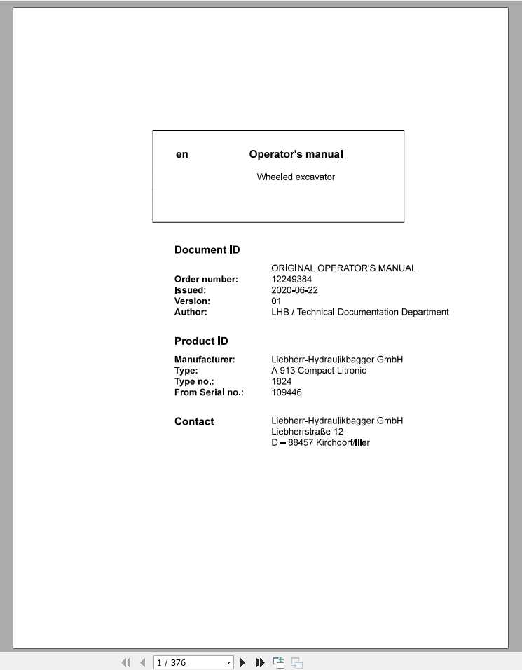 Liebherr Wheeled Excavator A913 Compact 109446 Operating Manual