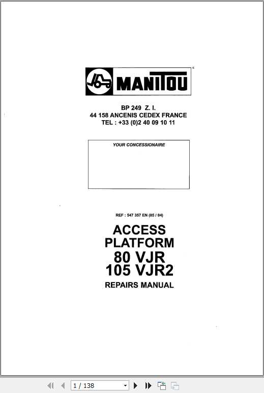 Manitou Access Platform 80105 VJR Repair Manual547357 1
