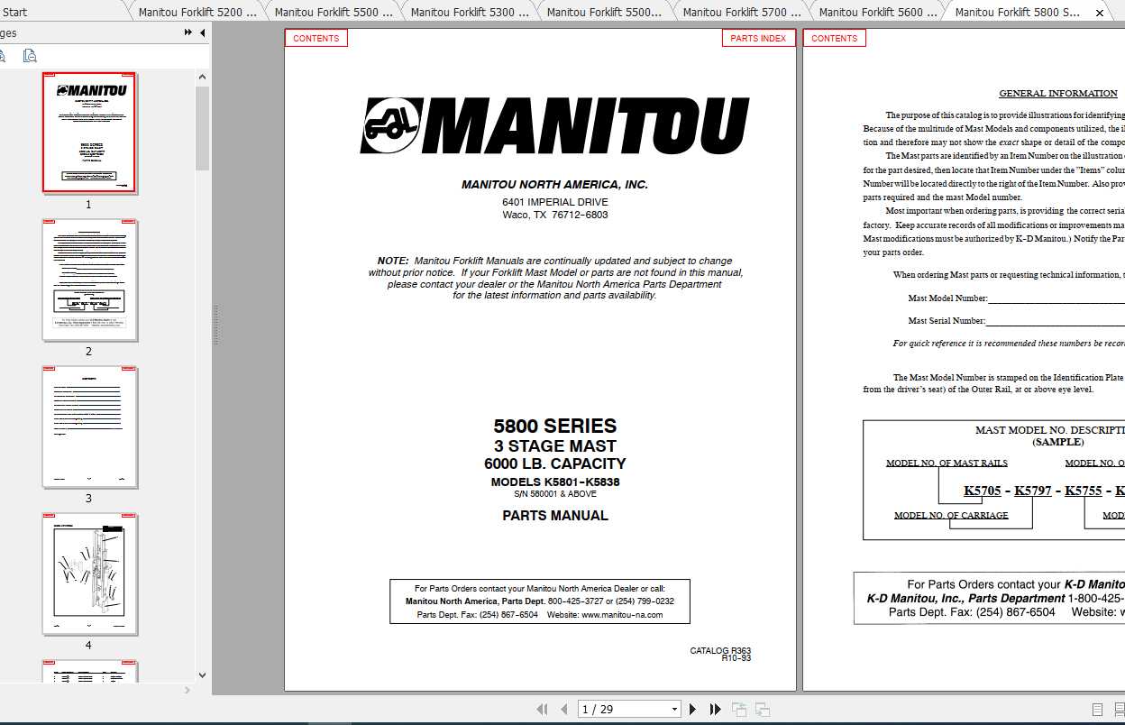Manitou Forklift 5200 5800 Series Part Manual 1