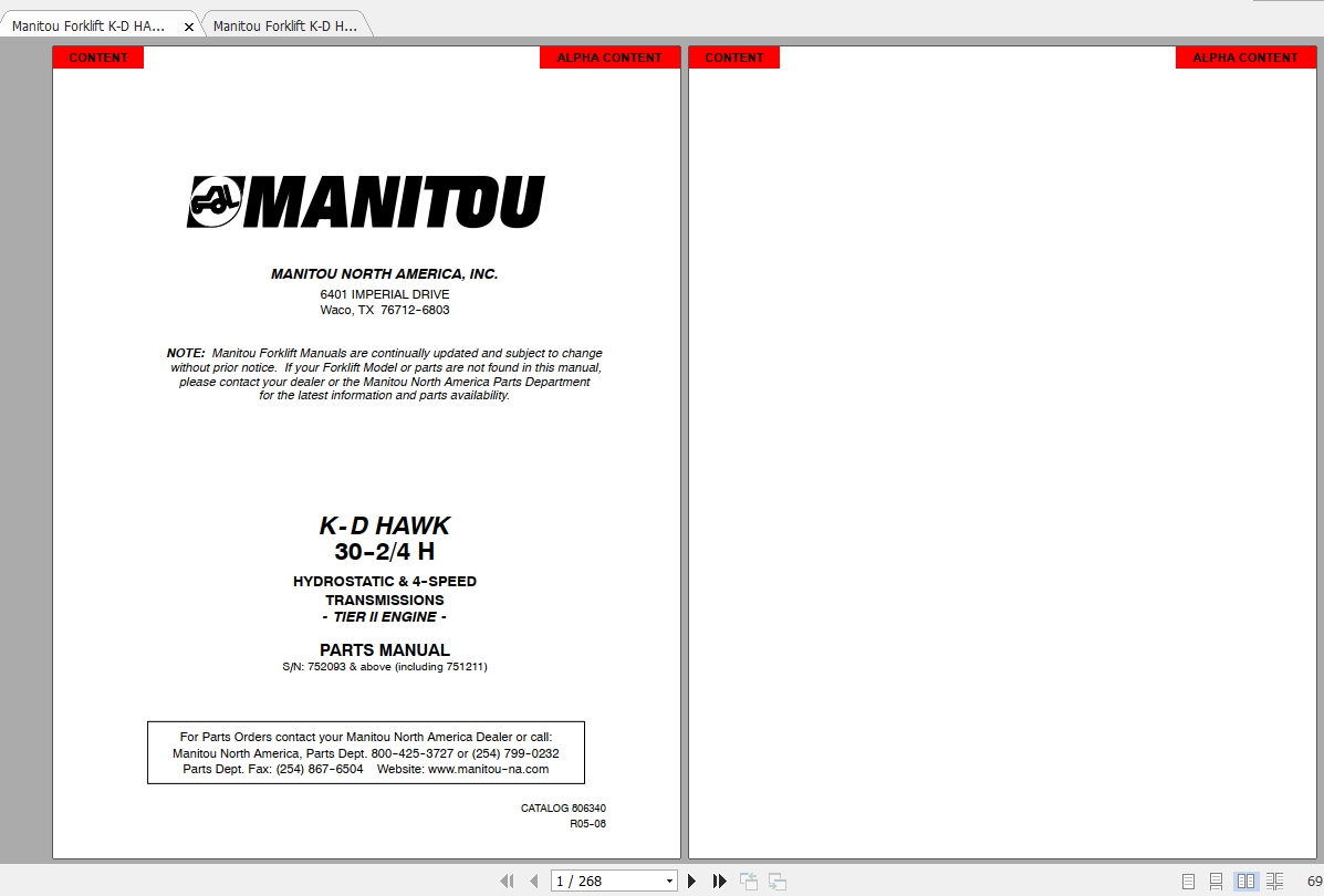 Manitou Forklift K D HAWK 30 24 Parts Manual 1