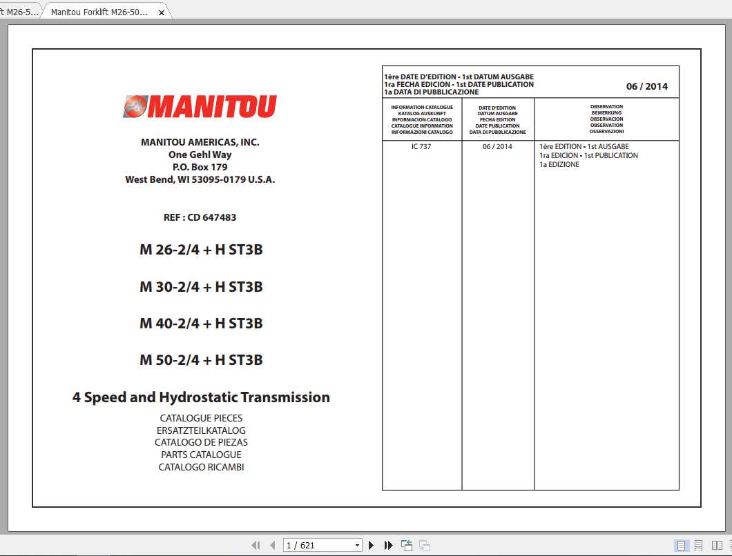 Manitou Forklift M26 50 HST3B Part Manual 1
