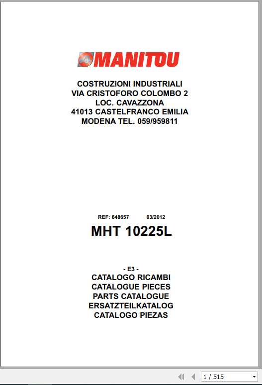 Manitou Forklift MHT 10225LT Part Manual648657 1